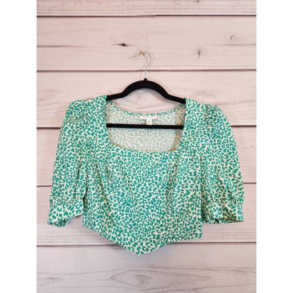 Topshop Women's Green Leopard Crop Top Blouse Summer Festival‎ Size 6